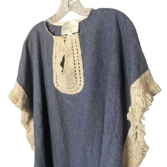 Original SOUVENIR EDITION by STACI WOO blue ivory fringe Bohemian Cotton Top S - Picture 6 of 10